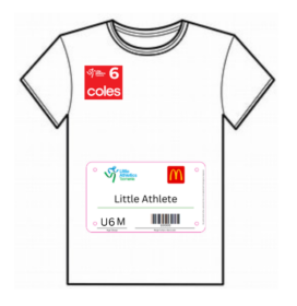 Diagram showing name bib and badge placement on an athletics competition top